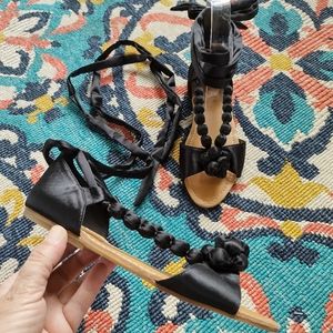 Anthro Billie Ella black satin knot& bead open toe lace up ballet style sandals